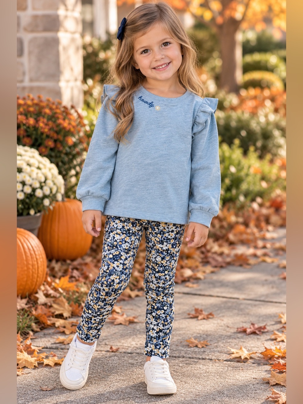 Janie and Jack Blue Ruffle Shoulder Top & Floral Leggings Set Girls Size 4 NWT